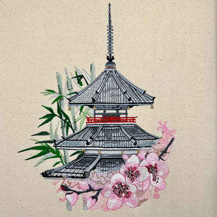 Picture of   Elegant embroidery design for pagoda temples and cherry blossoms