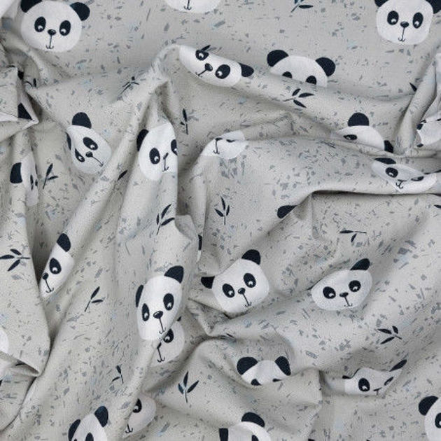 Picture of Grey cotton jersey fabric with panda patterns 