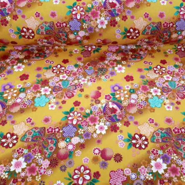 Picture of Yellow japanese fabric with cherry