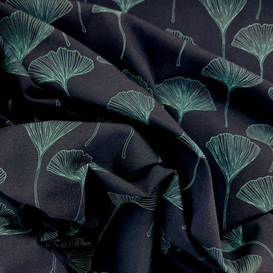 Picture of Midnight blue jersey fabric with ginkgo