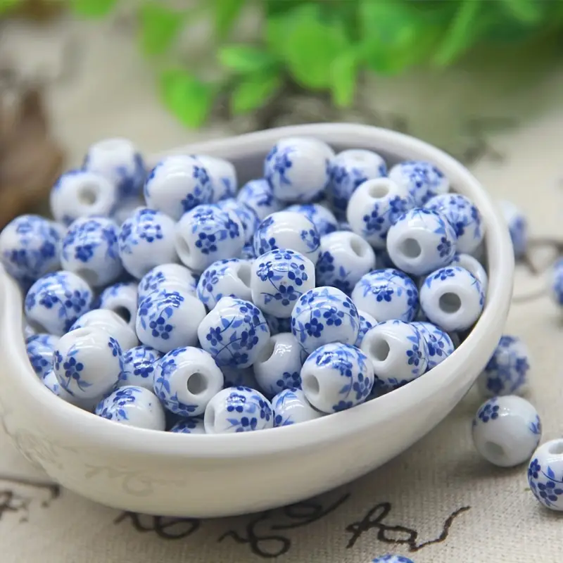 Picture of 100pcs Vintage Purple Floral Ceramic Beads